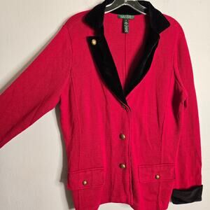 Ralph Lauren Cardigan Jacket Red Black Velvet Gold Crest Buttons 1X Heritage